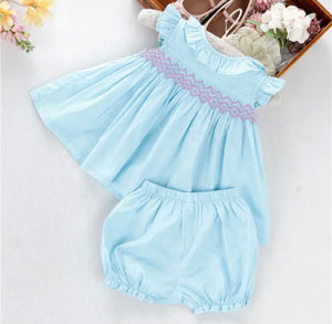 Solid blue smocked bloomer set