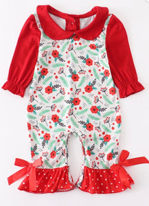 Red collared floral ruffle romper