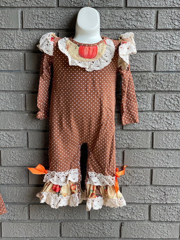 Fall sister match romper with lace and pumpkin detail