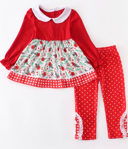 Red floral white collar pants set