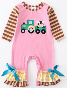 Girls pink tractor ruffle romper