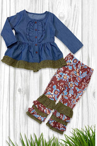 Denim floral crochet tunic set