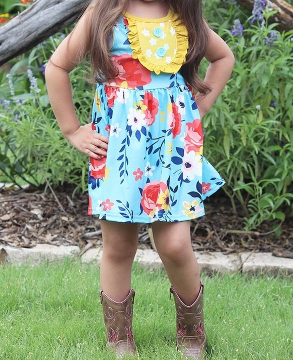 Yellow and blue sleeveless floral dress