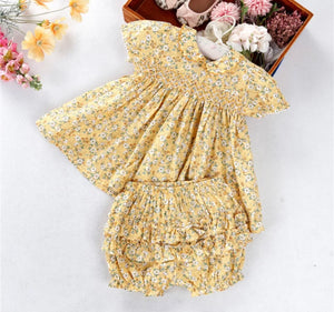 Mustard yellow floral smocked ruffle bloomer set