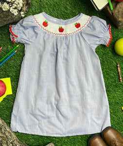 Smocked light denim apple dress