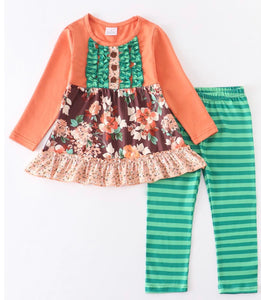 Orange floral tunic green stripe pant set