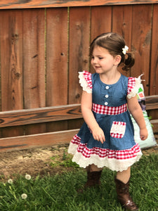 Denim and red check dress with lace ruffle