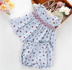 Smocked blue red floral bloomer set