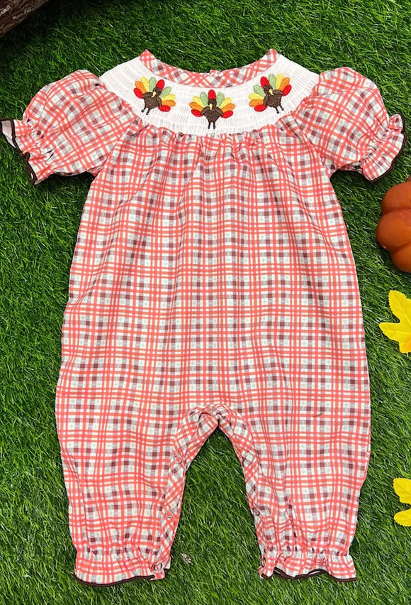 Smocked gingham orange turkey romper