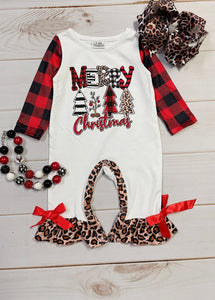 Merry Christmas white ruffle buffalo plaid romper