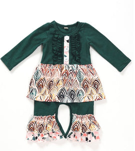 Green feather ruffle skirted romper