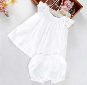 Solid white smocked bloomer set