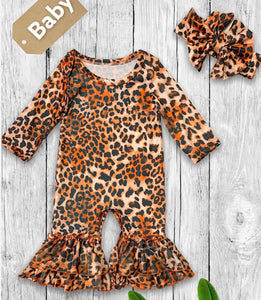 Cheetah ruffle romper with headband