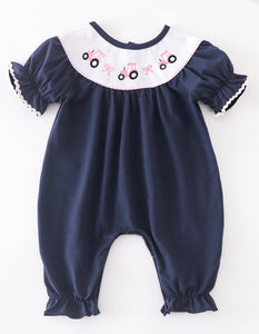 Navy tractor embroidered romper