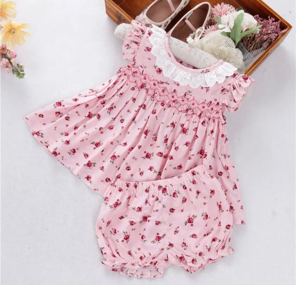 Pink red smocked bloomer set