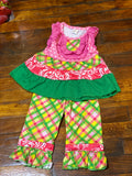 Spring ruffle Capri set pink and green