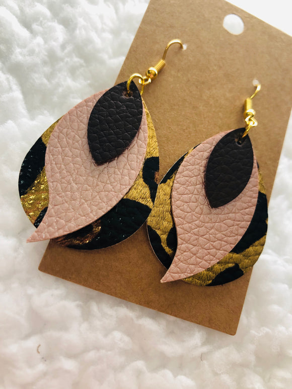 Triple layer brown and rose gold leopard triple layer earrings